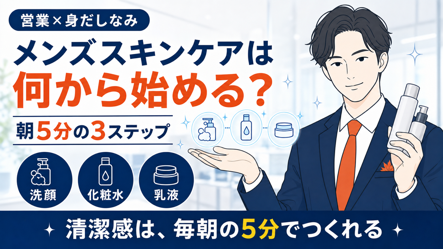 メンズスキンケアの朝5分3ステップを紹介する営業マンのアイキャッチ