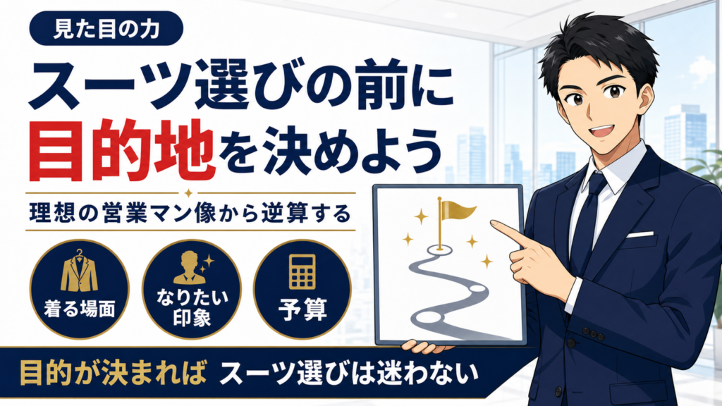 スーツ選びの前に目的地を決める重要性を解説する営業マン向け記事のアイキャッチ画像