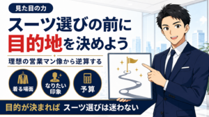 スーツ選びの前に目的地を決める重要性を解説する営業マン向け記事のアイキャッチ画像