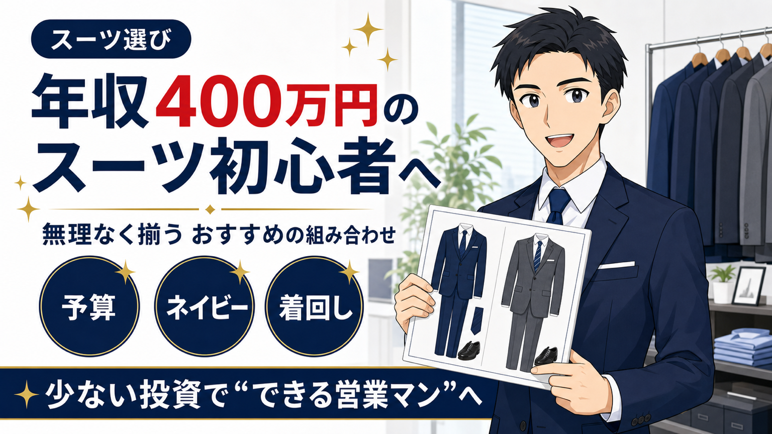 年収400万円の営業マン向けスーツの組み合わせを解説するアイキャッチ画像