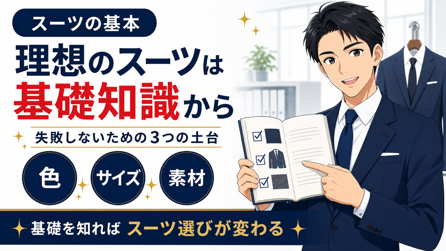 理想のスーツを選ぶための基礎知識を解説するアイキャッチ画像