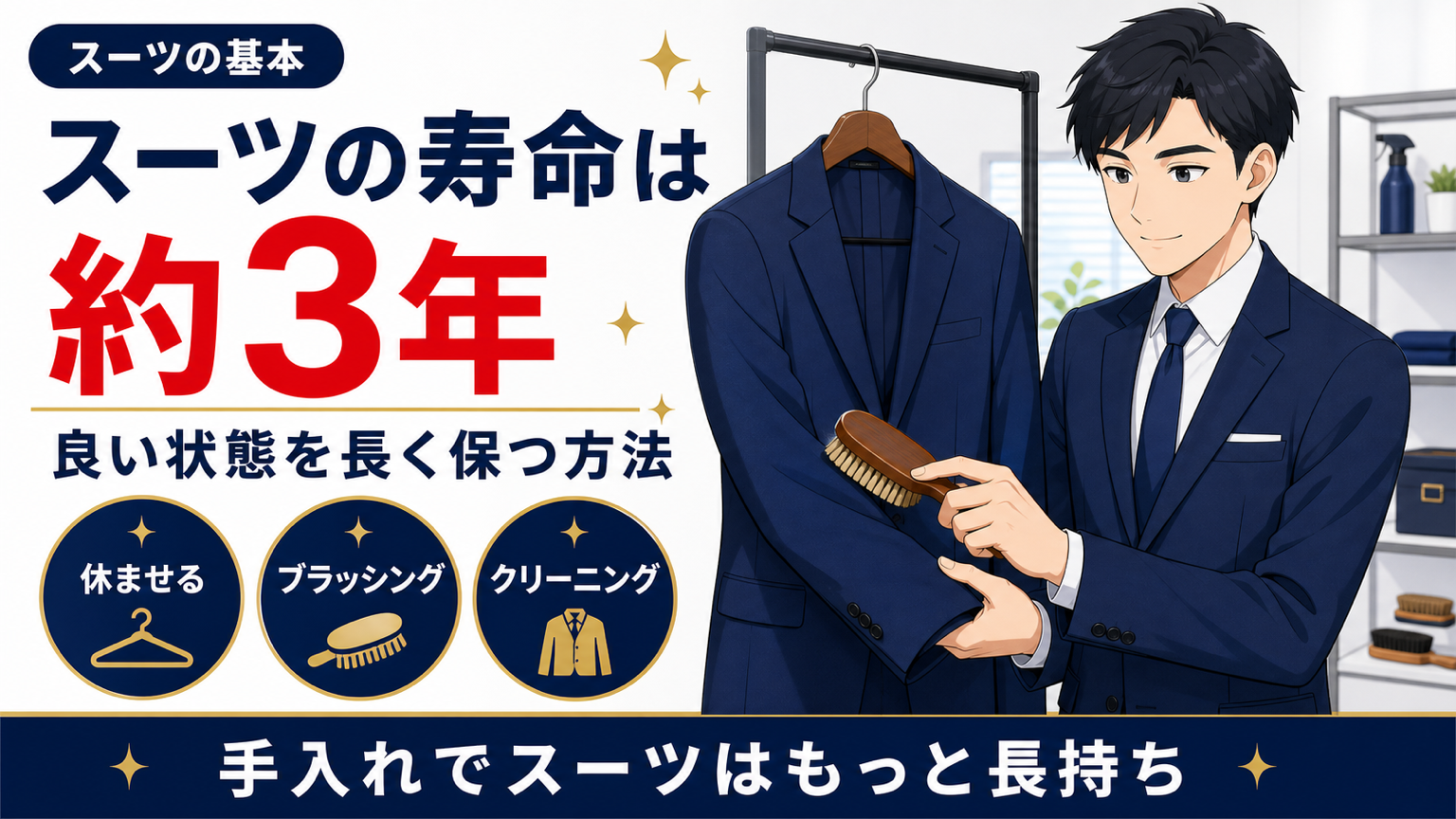 スーツの寿命と長持ちさせる手入れ方法を解説するアイキャッチ画像