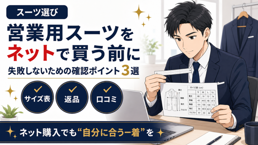営業用スーツをネット購入する際の確認ポイントを解説するアイキャッチ画像