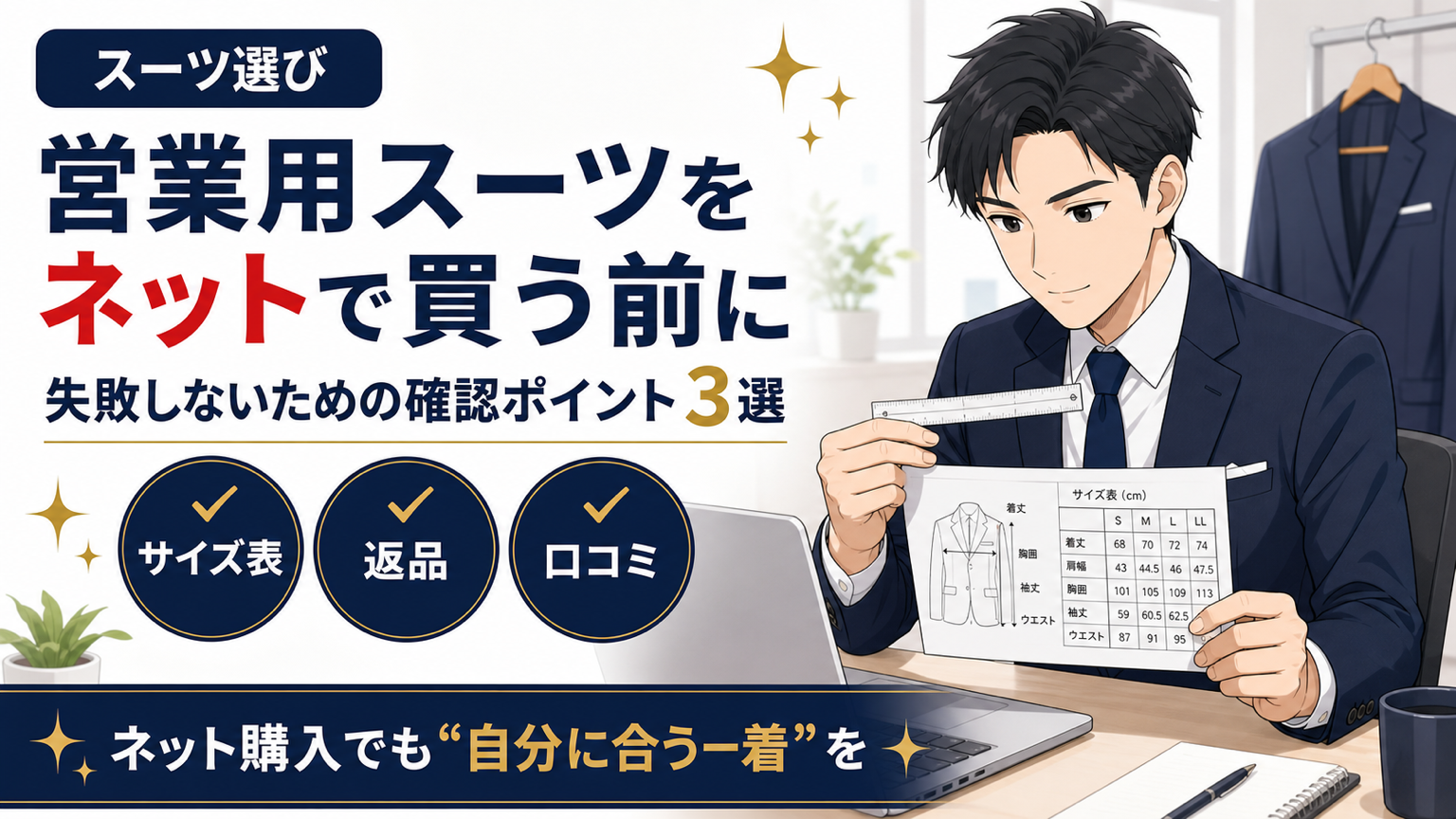 営業用スーツをネット購入する際の確認ポイントを解説するアイキャッチ画像